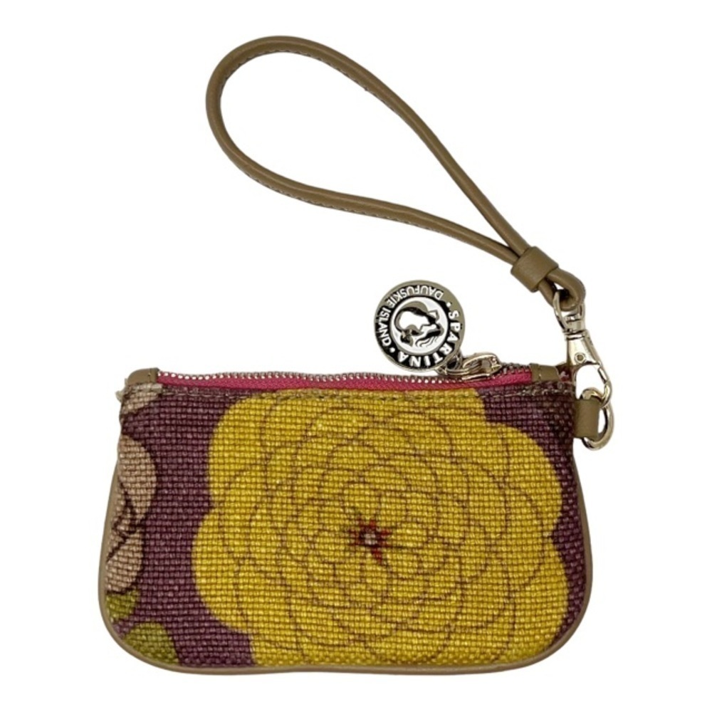 SPARTINA White & Brown Canvas ID Holder Wristlet Linen & Leather